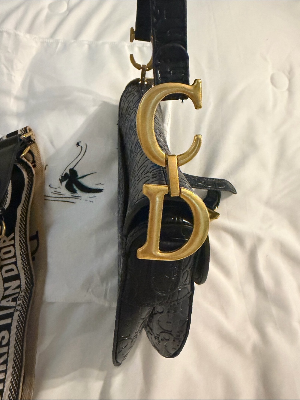 Black Embossed Saddle Bag with Gold Hardware - Picture 4 of 4